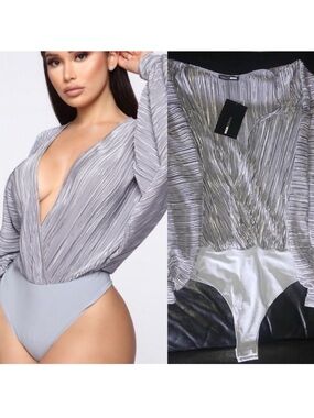 NWT Fashion Nova Silver pleated thong bodysuit